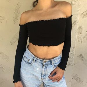 Off Shoulder Black Long Sleeve Crop Top